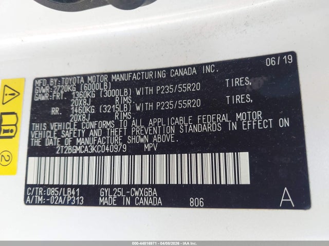 44816971 :رقم المزاد ، 2T2BGMCA3KC040979 vin ، 2019 Lexus Rx 450h مزاد بيع