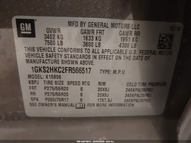 Aukcja sprzedaży 2015 Gmc Yukon Xl 1500 Slt, vin: 1GKS2HKC2FR566517, numer aukcji: 44816973