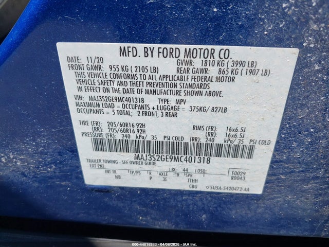 Aukcja sprzedaży 2021 Ford Ecosport Se, vin: MAJ3S2GE9MC401318, numer aukcji: 44816983