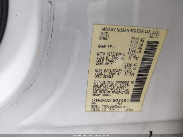 Aukcja sprzedaży 2012 Nissan Armada Sl, vin: 5N1BA0ND3CN603481, numer aukcji: 44817000