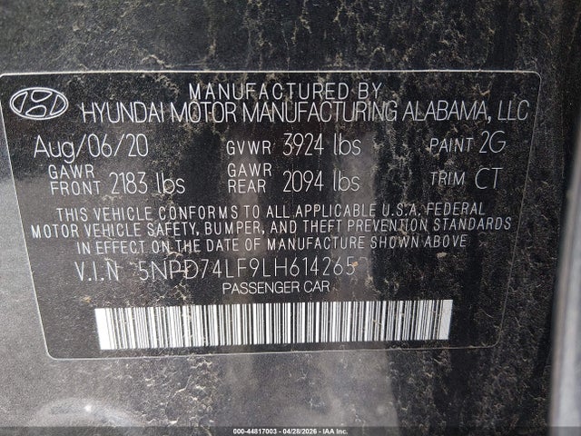 Auction sale of the 2020 Hyundai Elantra Se, vin: 5NPD74LF9LH614265, lot number: 44817003