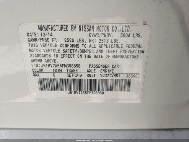 44817002 :رقم المزاد ، JN1BV7AR5FM398858 vin ، 2015 Infiniti Q50 Premium مزاد بيع