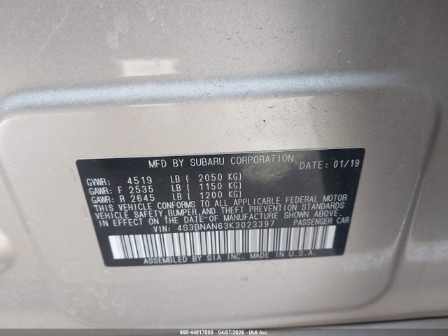 Aukcja sprzedaży 2019 Subaru Legacy 2.5i Limited, vin: 4S3BNAN63K3023397, numer aukcji: 44817008