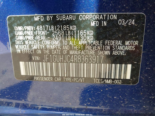Продаж на аукціоні авто 2024 Subaru Impreza Rs 5-door, vin: JF1GUHJC4R8363917, номер лоту: 44817012