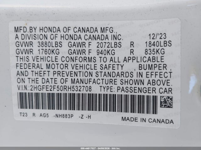 44817027 :رقم المزاد ، 2HGFE2F50RH532708 vin ، 2024 Honda Civic Sport مزاد بيع