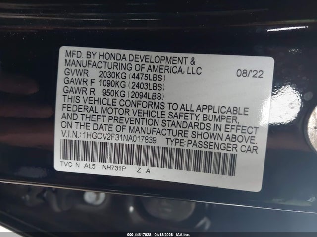 Aukcja sprzedaży 2022 Honda Accord Sport 2.0t, vin: 1HGCV2F31NA017839, numer aukcji: 44817028