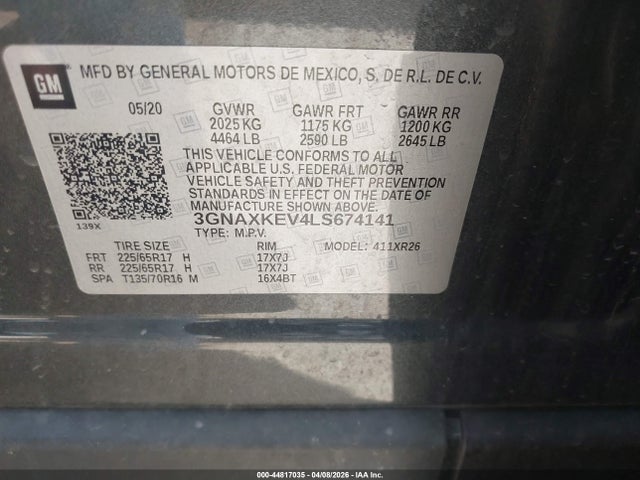 Aukcja sprzedaży 2020 Chevrolet Equinox Fwd Lt 1.5l Turbo, vin: 3GNAXKEV4LS674141, numer aukcji: 44817035