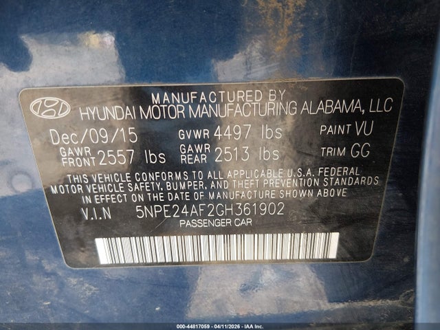 Продаж на аукціоні авто 2016 Hyundai Sonata Se, vin: 5NPE24AF2GH361902, номер лоту: 44817059