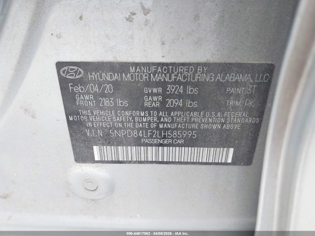 Aukcja sprzedaży 2020 Hyundai Elantra Sel, vin: 5NPD84LF2LH585995, numer aukcji: 44817062