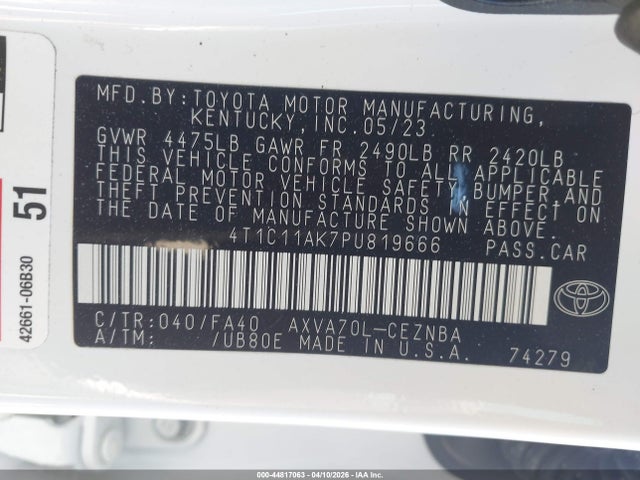 44817063 :رقم المزاد ، 4T1C11AK7PU819666 vin ، 2023 Toyota Camry Le مزاد بيع
