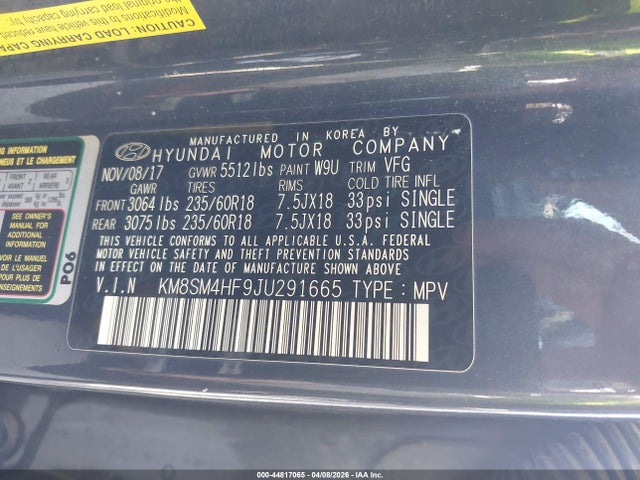 Aukcja sprzedaży 2018 Hyundai Santa Fe Se, vin: KM8SM4HF9JU291665, numer aukcji: 44817065