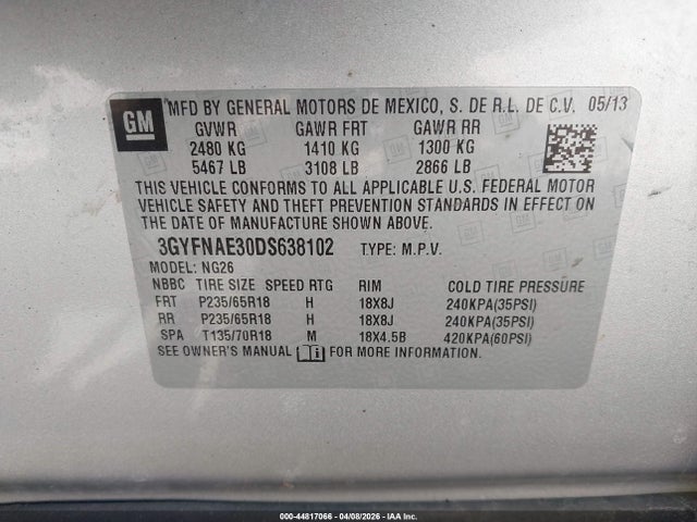 2013 Cadillac Srx Standard მანქანა იყიდება აუქციონზე, vin: 3GYFNAE30DS638102, აუქციონის ნომერი: 44817066