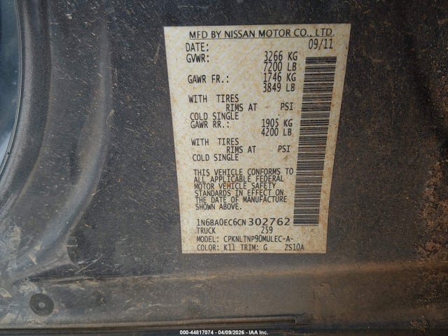 2012 Nissan Titan Sv მანქანა იყიდება აუქციონზე, vin: 1N6BA0EC6CN302762, აუქციონის ნომერი: 44817074