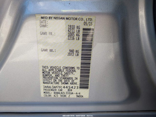44817076 :رقم المزاد ، 1N4AL3AP7FC445423 vin ، 2015 Nissan Altima 2.5 Sl مزاد بيع