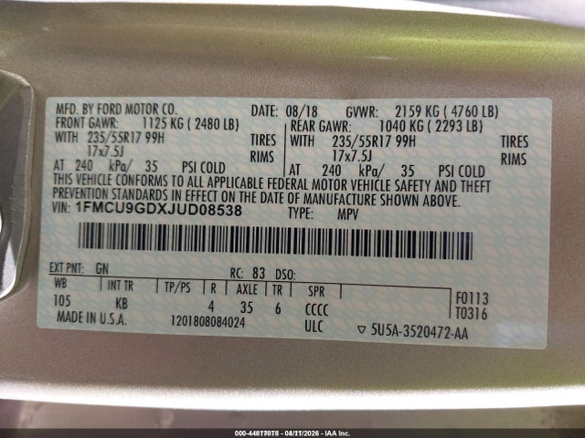 2018 FORD ESCAPE 1FMCU9GDXJUD08538 Photo 8