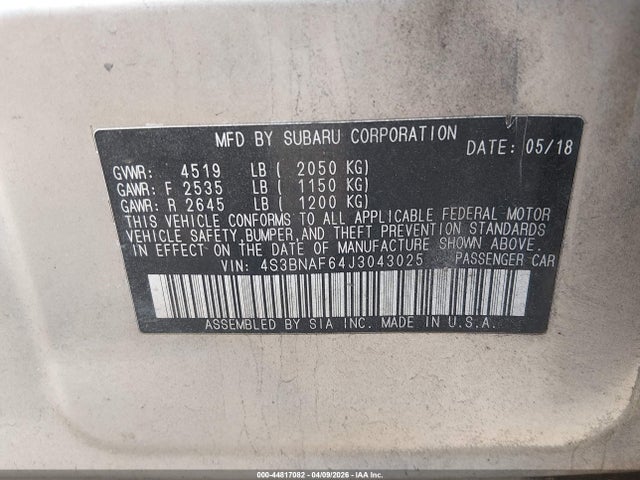 Продажа на аукционе авто 2018 Subaru Legacy 2.5i Premium, vin: 4S3BNAF64J3043025, номер лота: 44817082