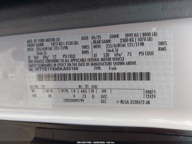 Продажа на аукционе авто 2025 Ford Transit-150, vin: 1FTYE1Y89SKA53100, номер лота: 44817094