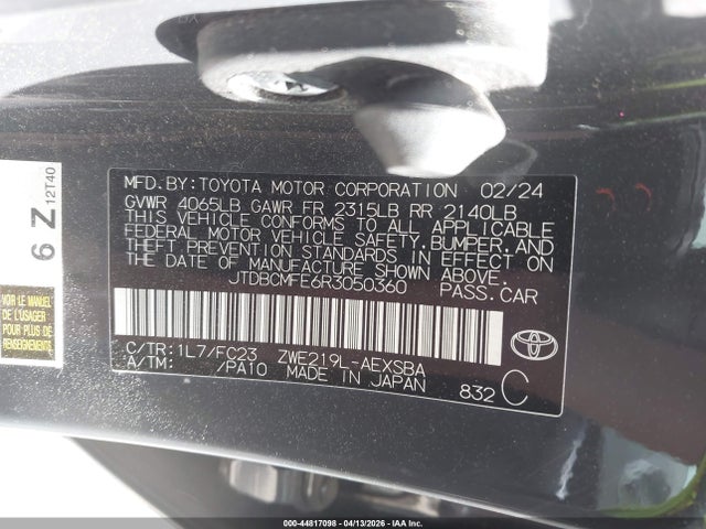 Продаж на аукціоні авто 2024 Toyota Corolla Hybrid Se, vin: JTDBCMFE6R3050360, номер лоту: 44817098