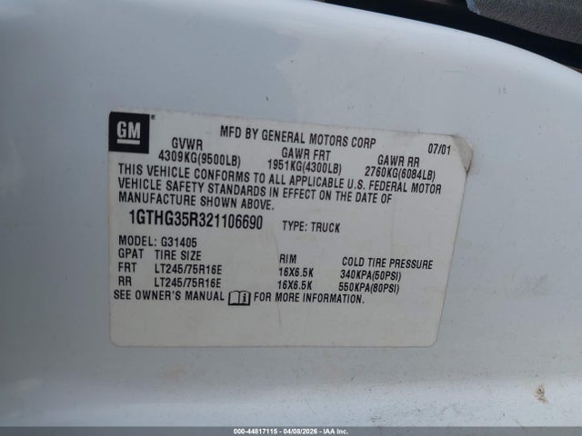 44817115 :رقم المزاد ، 1GTHG35R321106690 vin ، 2002 Gmc Savana Standard مزاد بيع