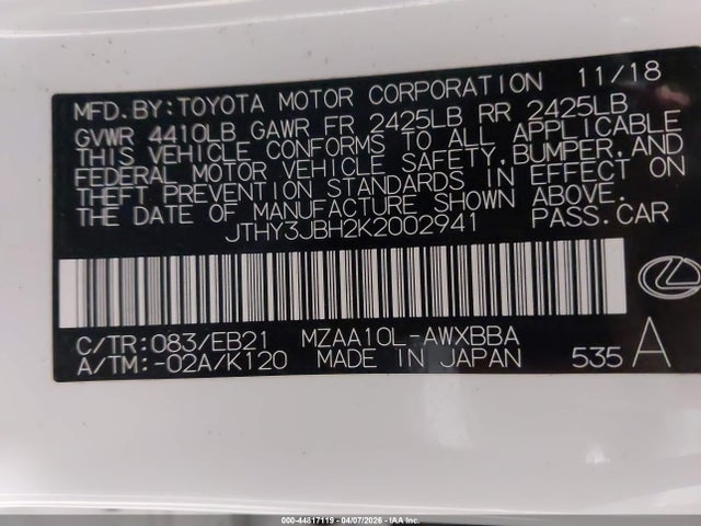 Aukcja sprzedaży 2019 Lexus Ux 200 F Sport, vin: JTHY3JBH2K2002941, numer aukcji: 44817119
