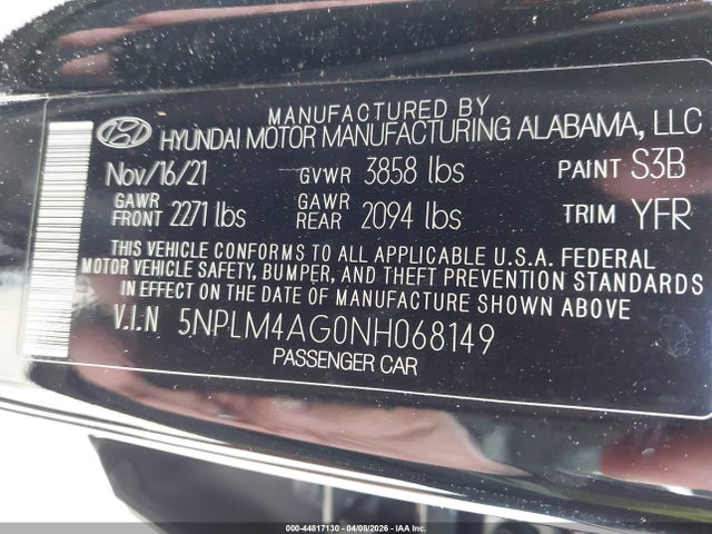 Aukcja sprzedaży 2022 Hyundai Elantra Sel, vin: 5NPLM4AG0NH068149, numer aukcji: 44817130