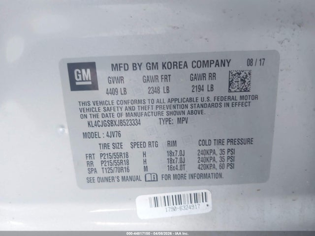 2018 Buick Encore Essence მანქანა იყიდება აუქციონზე, vin: KL4CJGSBXJB523334, აუქციონის ნომერი: 44817150
