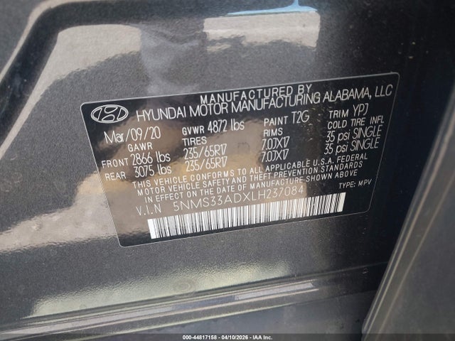 Aukcja sprzedaży 2020 Hyundai Santa Fe Sel, vin: 5NMS33ADXLH237084, numer aukcji: 44817158