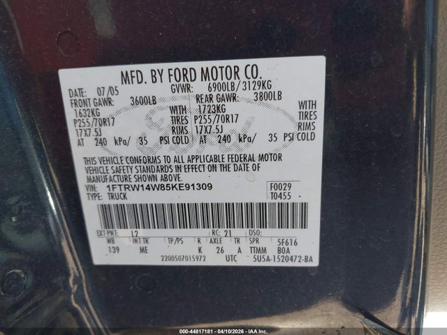 Aukcja sprzedaży 2005 Ford F-150 Xlt, vin: 1FTRW14W85KE91309, numer aukcji: 44817181