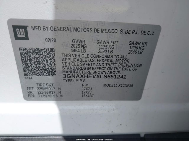 44817186 :رقم المزاد ، 3GNAXHEVXLS651241 vin ، 2020 Chevrolet Equinox Fwd Ls مزاد بيع