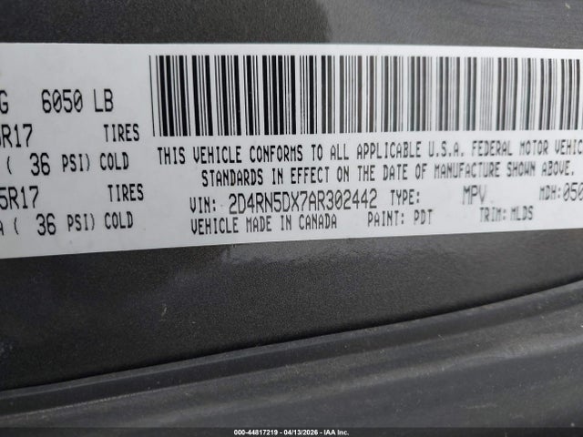 2010 Dodge Grand Caravan Sxt მანქანა იყიდება აუქციონზე, vin: 2D4RN5DX7AR302442, აუქციონის ნომერი: 44817219