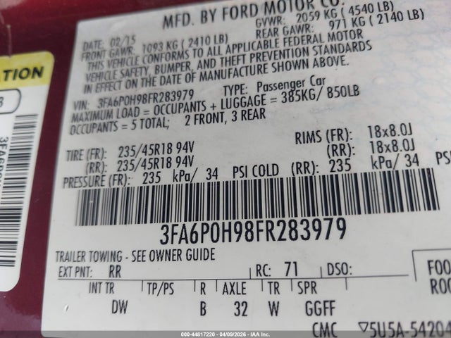Aukcja sprzedaży 2015 Ford Fusion Se, vin: 3FA6P0H98FR283979, numer aukcji: 44817220