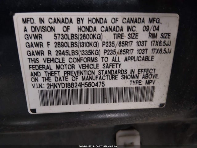 44817224 :رقم المزاد ، 2HNYD18824H560475 vin ، 2004 Acura Mdx مزاد بيع