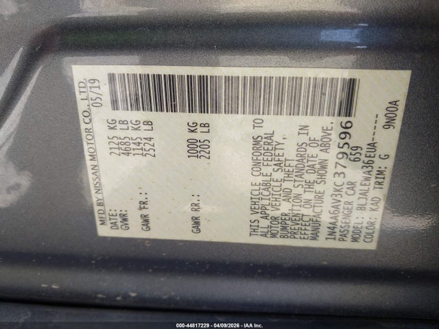 44817229 :رقم المزاد ، 1N4AA6AV3KC379596 vin ، 2019 Nissan Maxima 3.5 Sl مزاد بيع