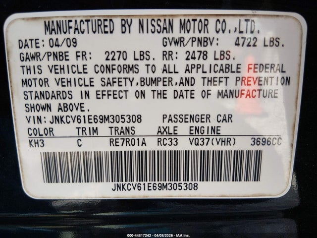 44817242 :رقم المزاد ، JNKCV61E69M305308 vin ، 2009 Infiniti G37 Journey مزاد بيع