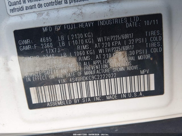44817255 :رقم المزاد ، 4S4BRDKC9C2222022 vin ، 2012 Subaru Outback 3.6r Limited مزاد بيع