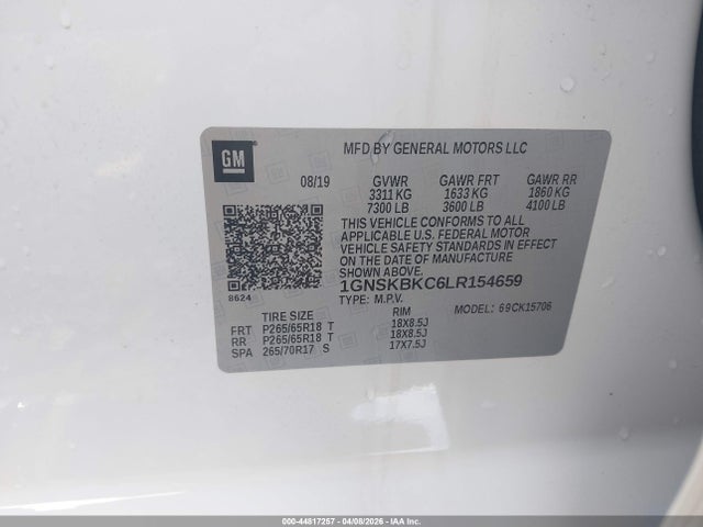 Aukcja sprzedaży 2020 Chevrolet Tahoe 4wd Lt, vin: 1GNSKBKC6LR154659, numer aukcji: 44817257