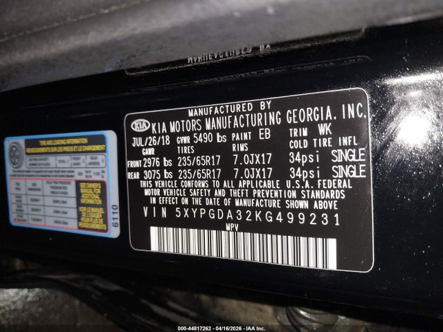 5XYPGDA32KG499231 KIA Sorento 2.4l Lx