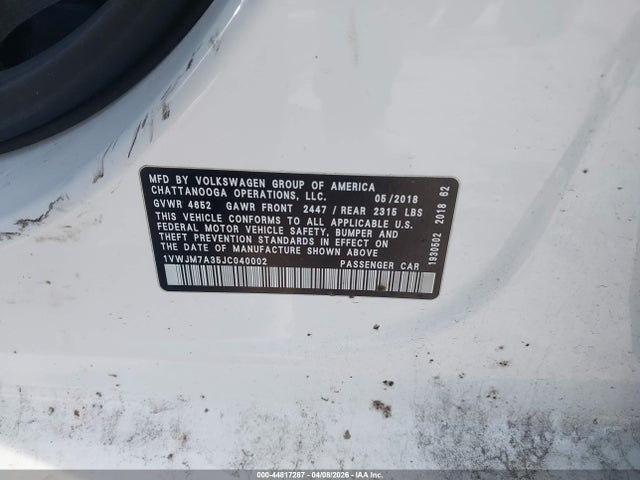 Aukcja sprzedaży 2018 Volkswagen Passat 3.6l V6 Gt, vin: 1VWJM7A35JC040002, numer aukcji: 44817287