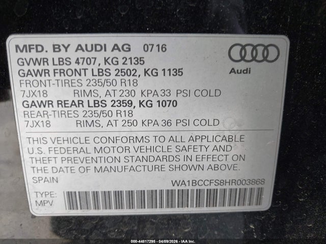 Продажа на аукционе авто 2017 Audi Q3 2.0t Premium, vin: WA1BCCFS8HR003868, номер лота: 44817295