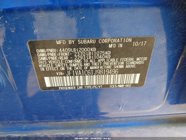 Продаж на аукціоні авто 2018 Subaru Wrx Premium, vin: JF1VA1C61J9819496, номер лоту: 44817297