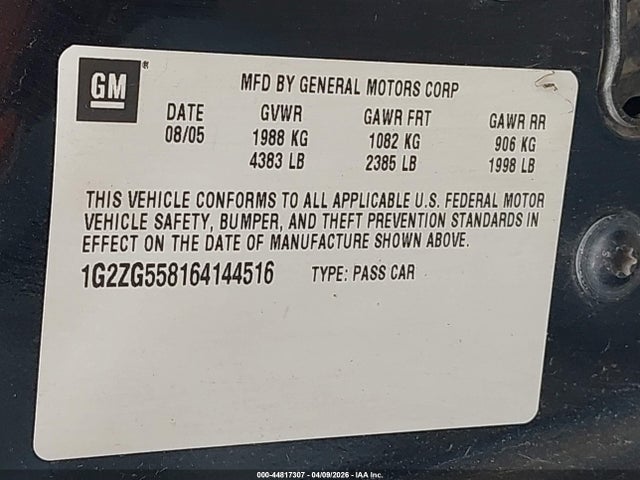 44817307 :رقم المزاد ، 1G2ZG558164144516 vin ، 2006 Pontiac G6 مزاد بيع