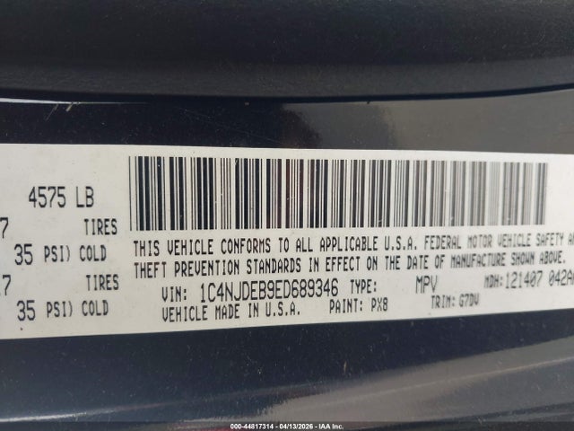 2014 Jeep Compass Latitude მანქანა იყიდება აუქციონზე, vin: 1C4NJDEB9ED689346, აუქციონის ნომერი: 44817314