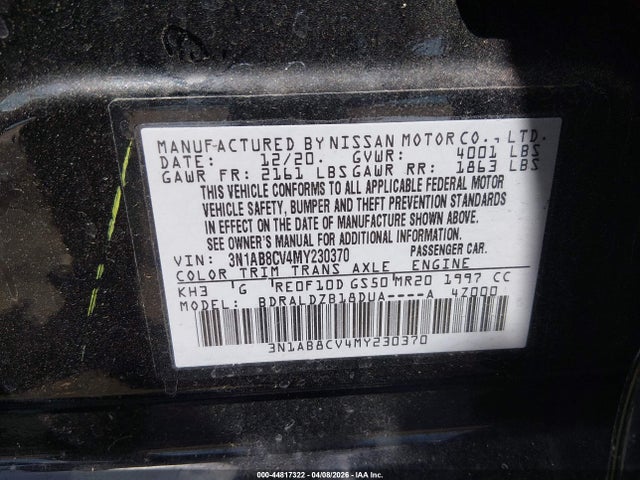 Продаж на аукціоні авто 2021 Nissan Sentra Sv Xtronic Cvt, vin: 3N1AB8CV4MY230370, номер лоту: 44817322