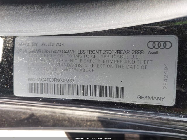 44817333 :رقم المزاد ، WAUWGAFC0FN009237 vin ، 2015 Audi A7 3.0t Premium Plus مزاد بيع