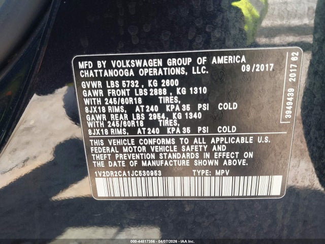 1V2DR2CA1JC530953 Volkswagen Atlas 3.6l V6 Se/3.6l V6 Se W/technology