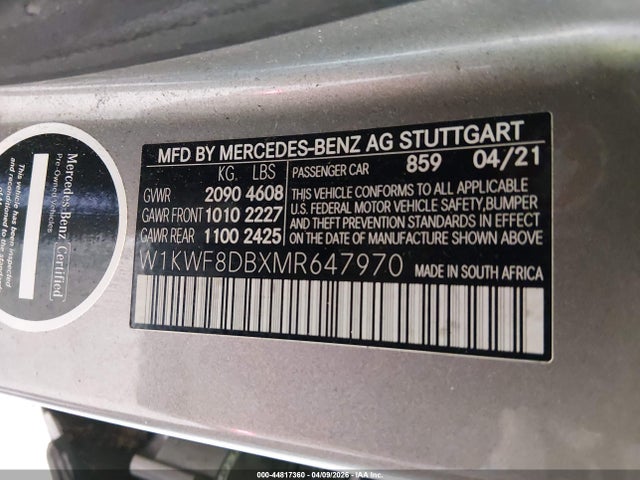 Aukcja sprzedaży 2021 Mercedes-benz C 300 Sedan, vin: W1KWF8DBXMR647970, numer aukcji: 44817360