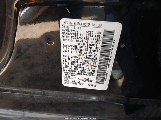 44817371 :رقم المزاد ، JN8AZ1MW8BW170299 vin ، 2011 Nissan Murano Le مزاد بيع