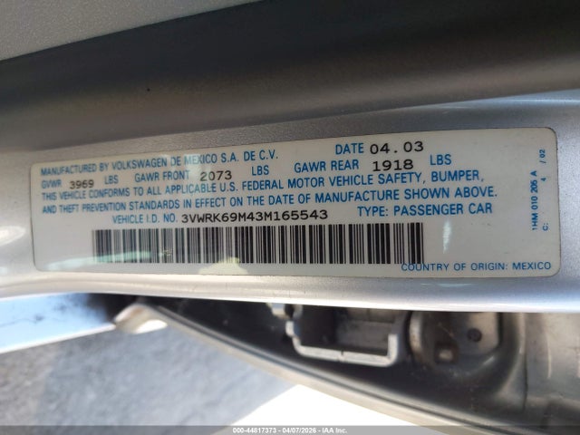 Aukcja sprzedaży 2003 Volkswagen Jetta Gl, vin: 3VWRK69M43M165543, numer aukcji: 44817373