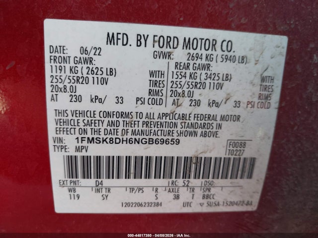 2022 Ford Explorer Xlt მანქანა იყიდება აუქციონზე, vin: 1FMSK8DH6NGB69659, აუქციონის ნომერი: 44817380