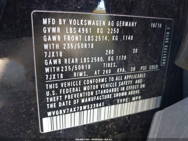 44817383 :رقم المزاد ، WVGBV7AX7BW523641 vin ، 2011 Volkswagen Tiguan Se مزاد بيع